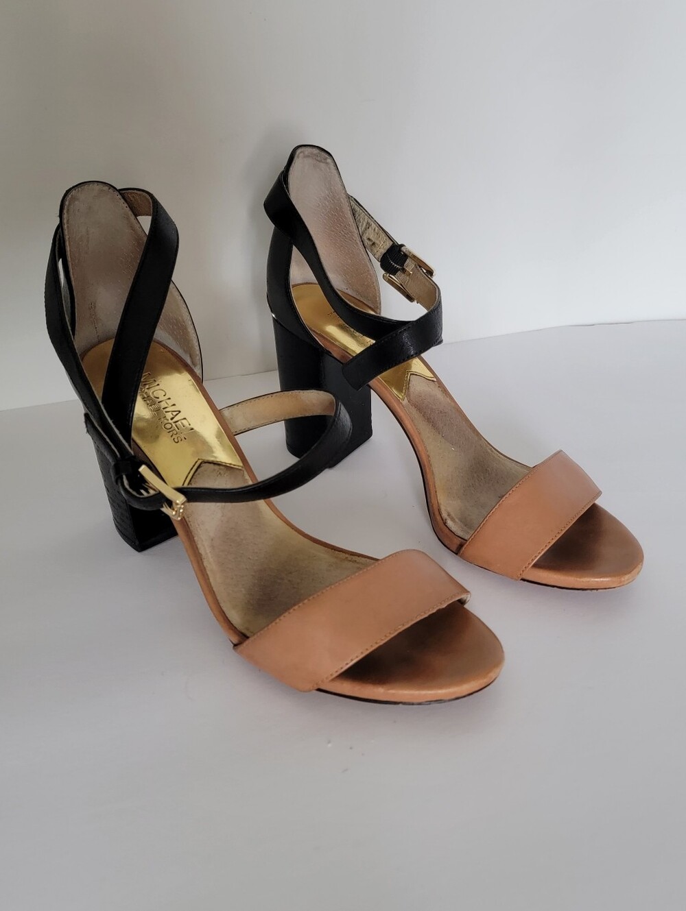 Michael Kors Black Leather Block Heel Sandals with Gold Accents